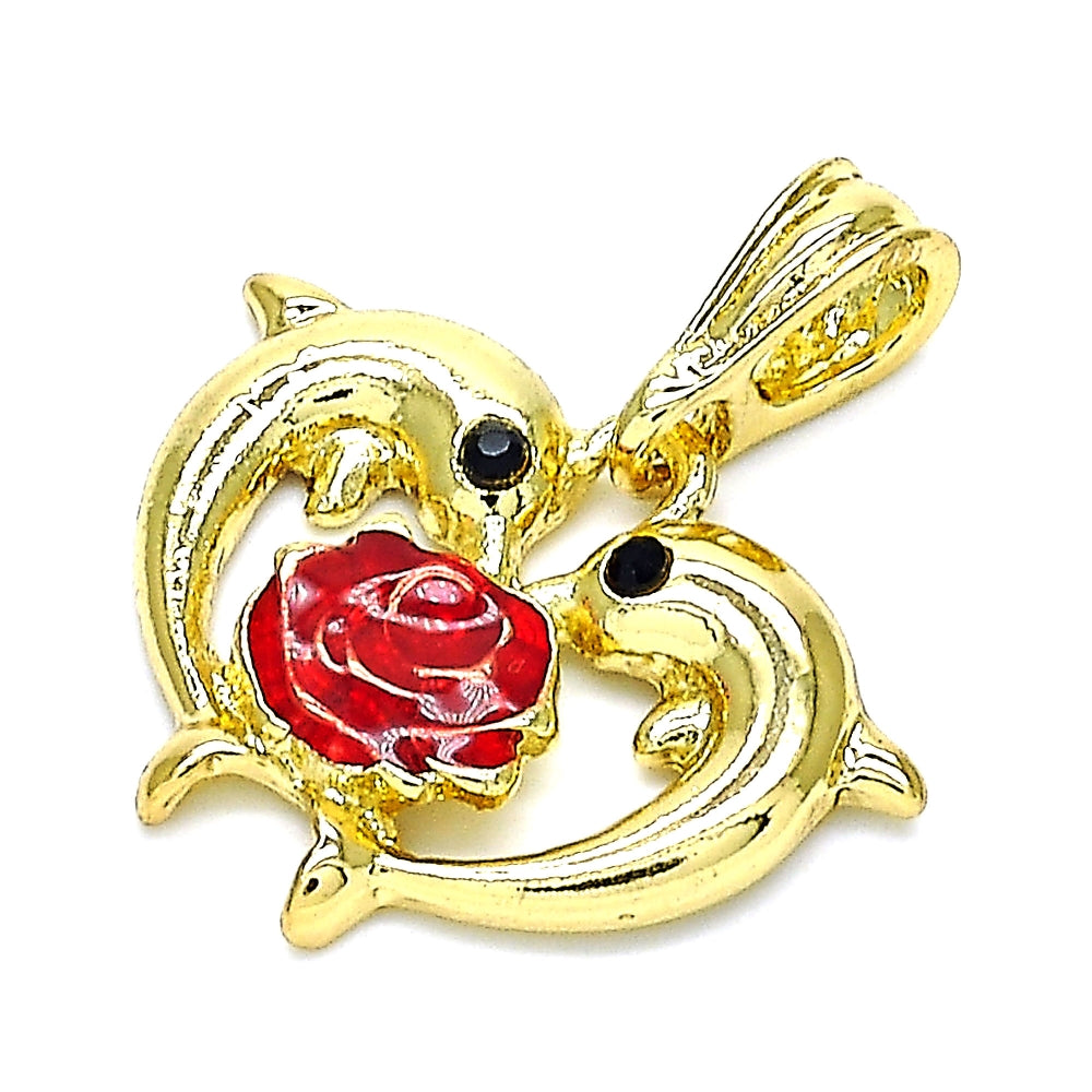 Oro Laminado Fancy Pendant, Gold Filled Style Dolphin and Flower Design, with Black Crystal, Red Enamel Finish, Golden Finish