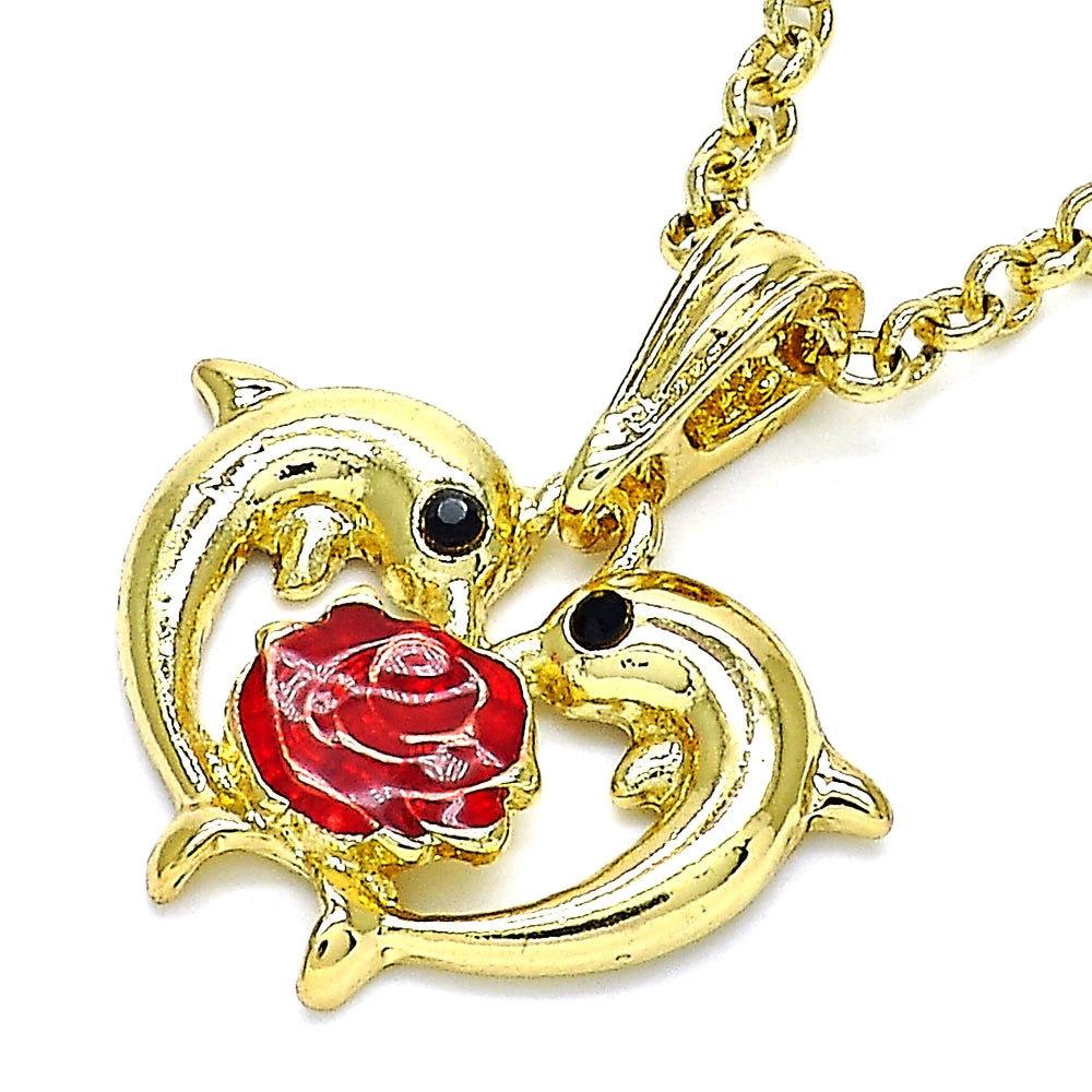 Oro Laminado Fancy Pendant, Gold Filled Style Dolphin and Flower Design, with Black Crystal, Red Enamel Finish, Golden Finish
