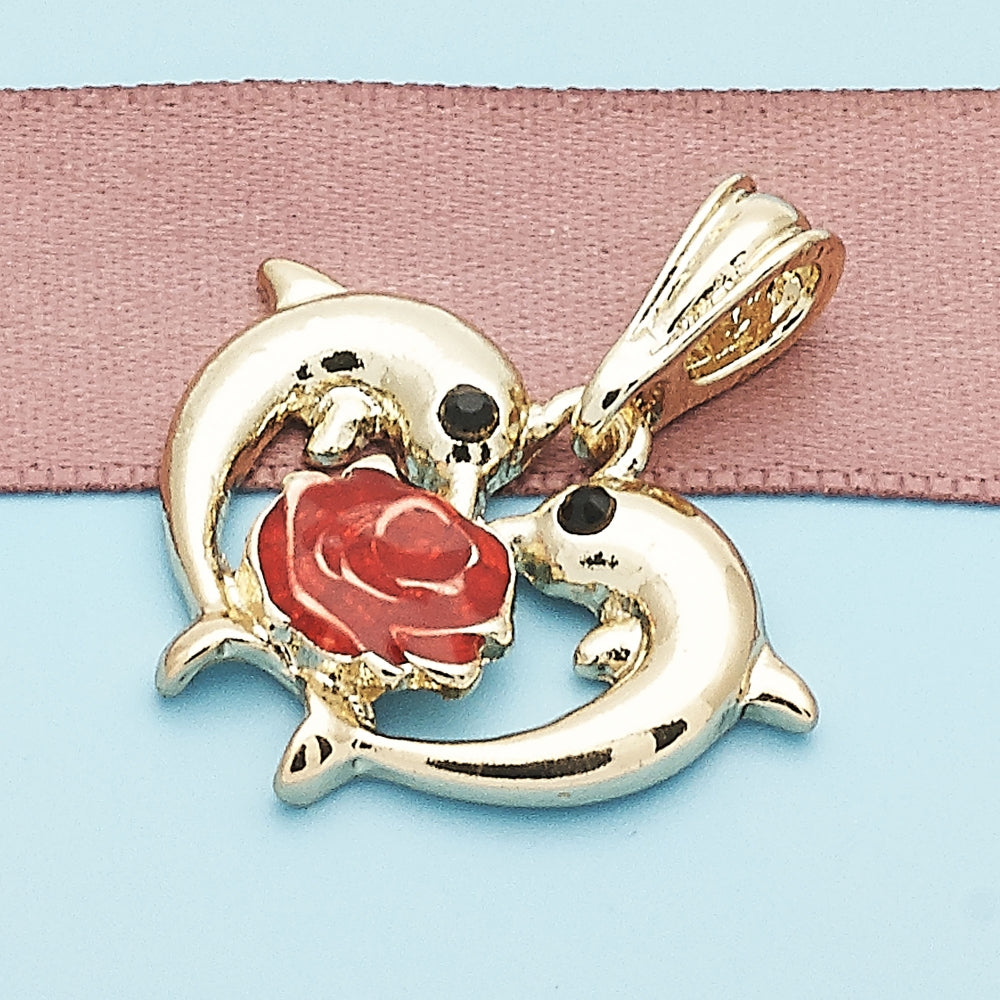 Oro Laminado Fancy Pendant, Gold Filled Style Dolphin and Flower Design, with Black Crystal, Red Enamel Finish, Golden Finish