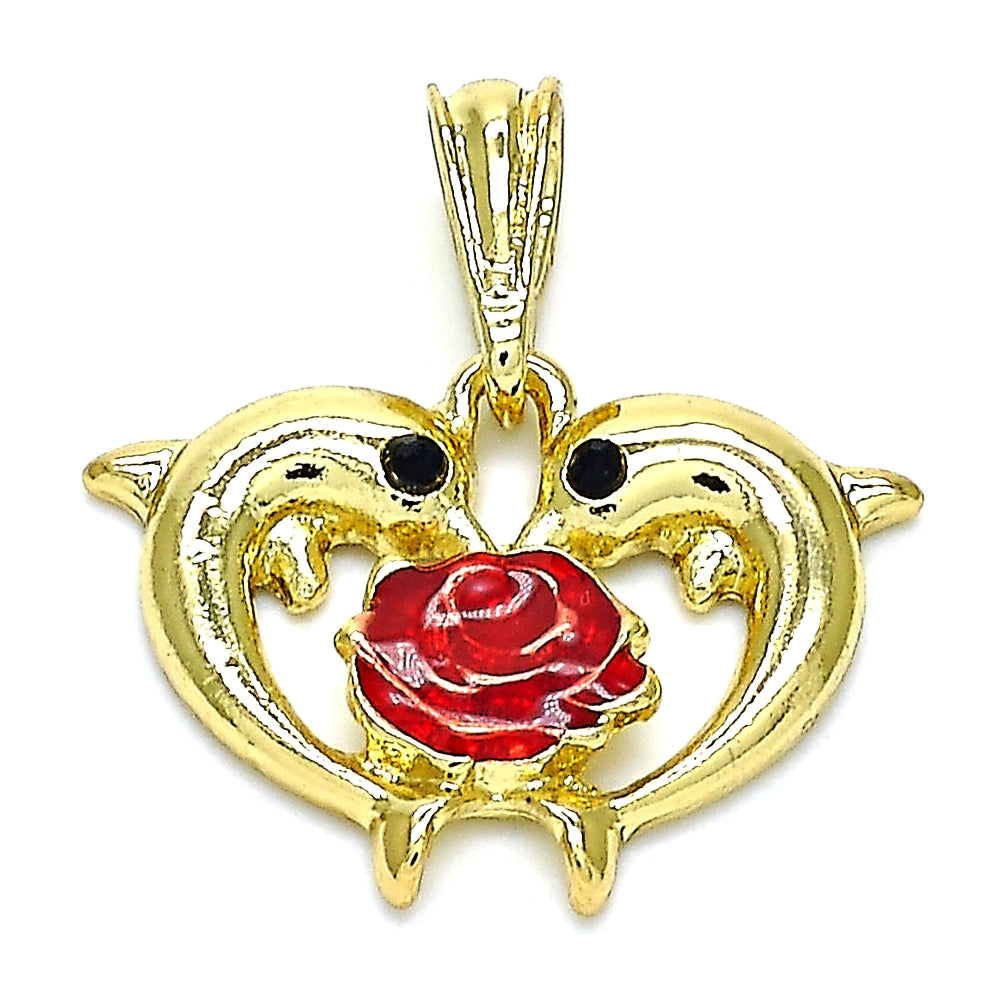 Oro Laminado Fancy Pendant, Gold Filled Style Dolphin and Flower Design, with Black Crystal, Red Enamel Finish, Golden Finish