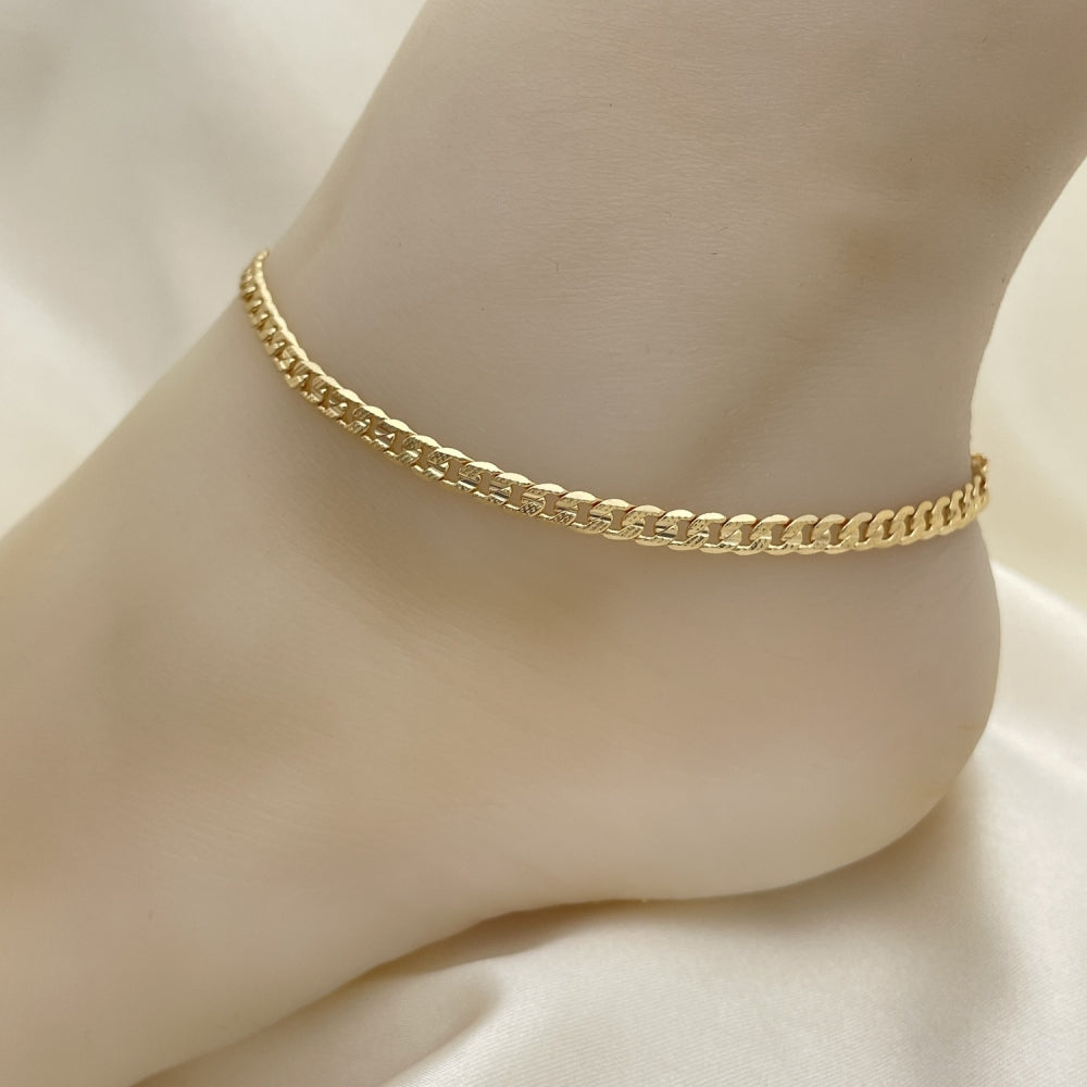 Oro Laminado Basic Anklet, Gold Filled Style Curb Design, Diamond Cutting Finish, Golden Finish