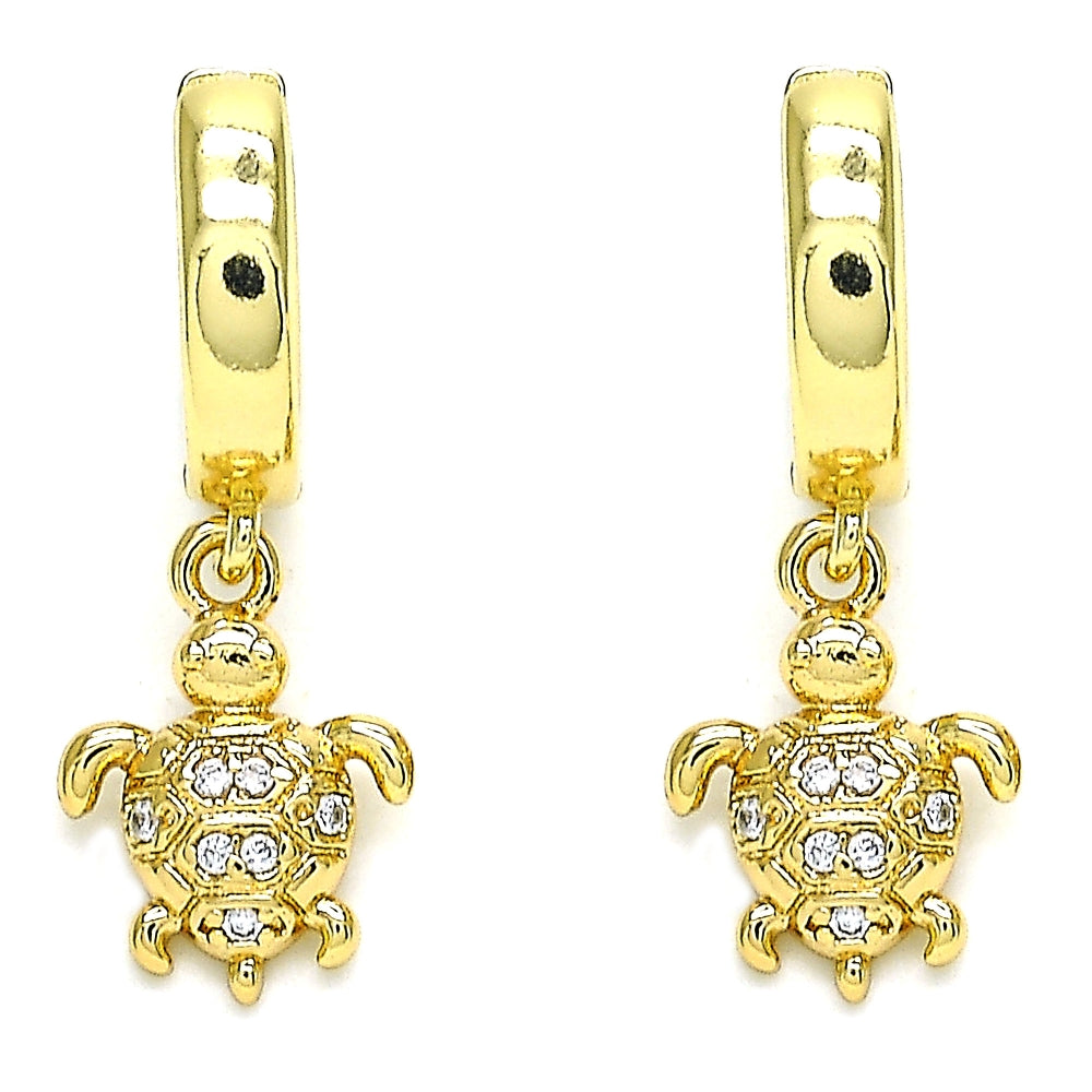 Oro Laminado Huggie Hoop, Gold Filled Style Turtle Design, with White Micro Pave, Polished, Golden Finish