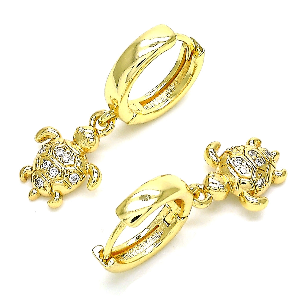 Oro Laminado Huggie Hoop, Gold Filled Style Turtle Design, with White Micro Pave, Polished, Golden Finish