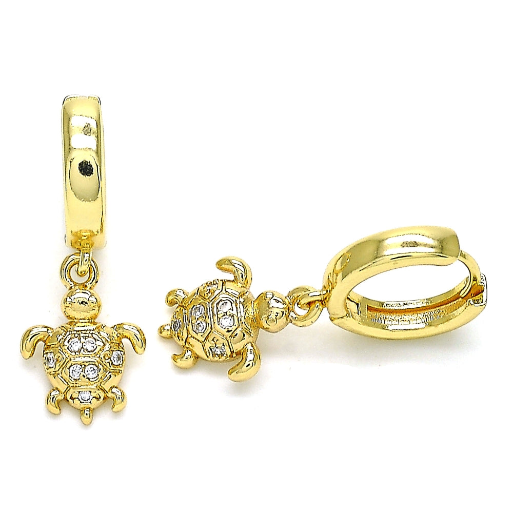 Oro Laminado Huggie Hoop, Gold Filled Style Turtle Design, with White Micro Pave, Polished, Golden Finish