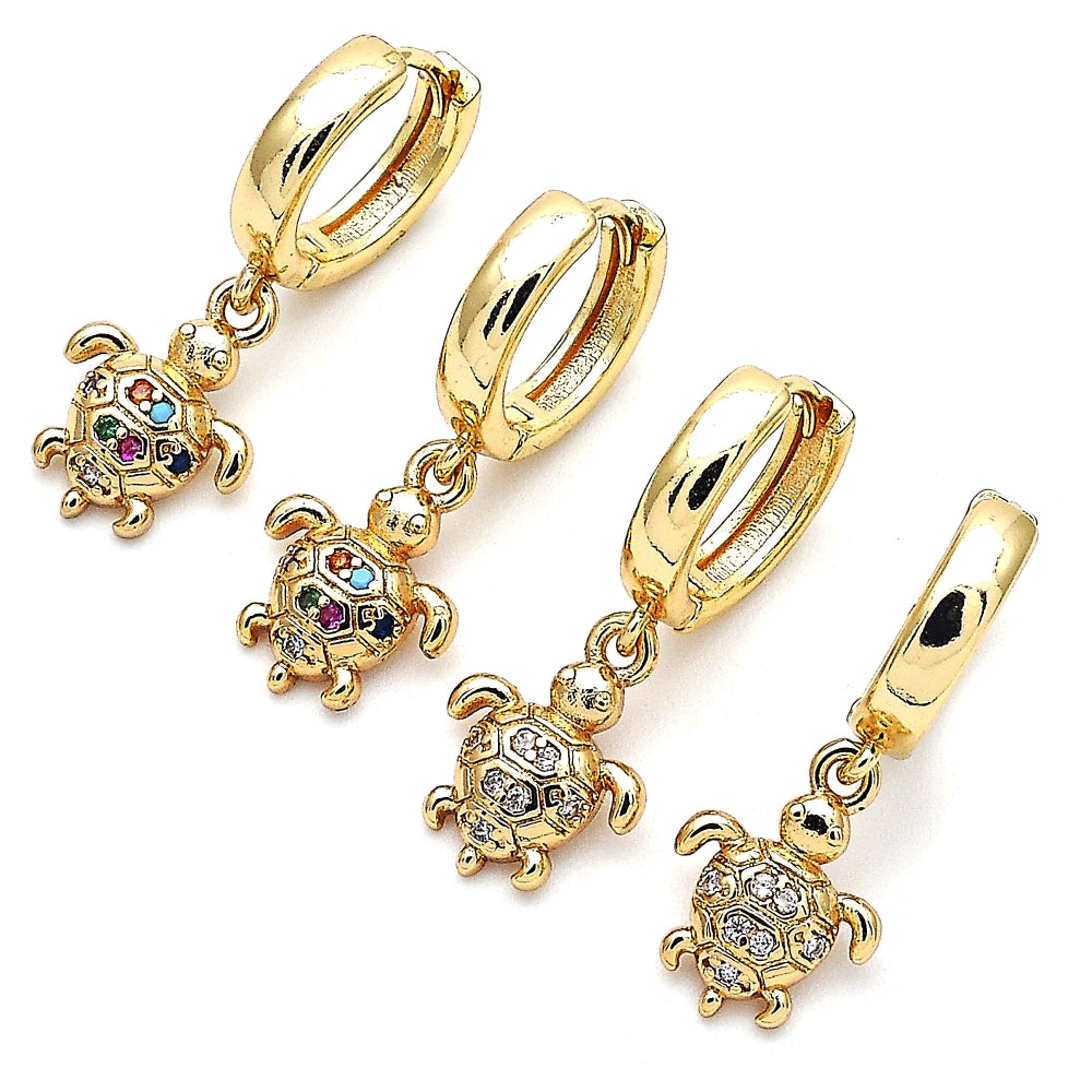 Oro Laminado Huggie Hoop, Gold Filled Style Turtle Design, with White Micro Pave, Polished, Golden Finish