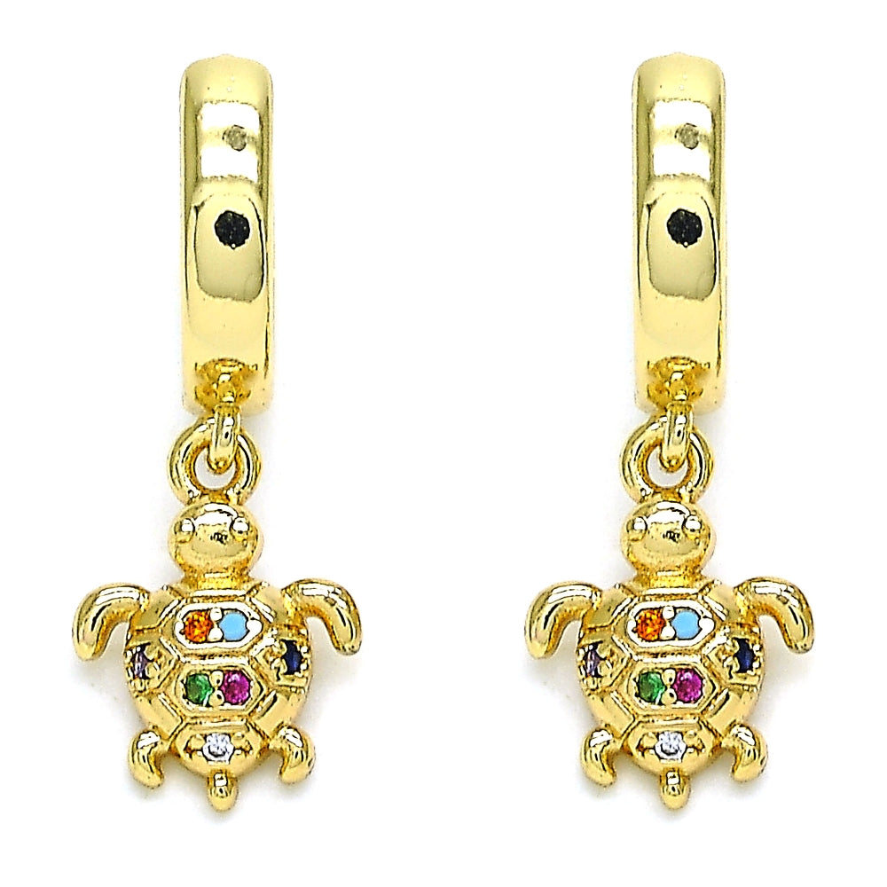 Oro Laminado Huggie Hoop, Gold Filled Style Turtle Design, with Multicolor Micro Pave, Polished, Golden Finish
