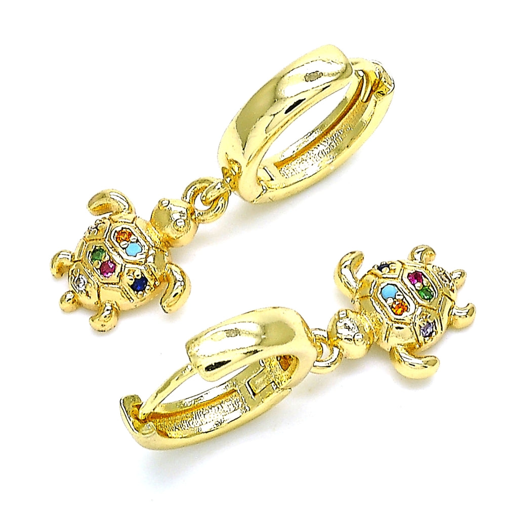 Oro Laminado Huggie Hoop, Gold Filled Style Turtle Design, with Multicolor Micro Pave, Polished, Golden Finish