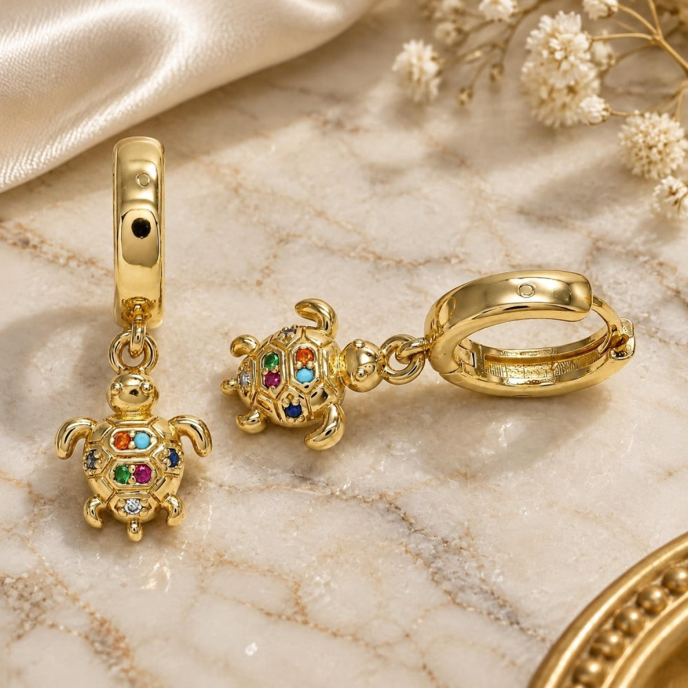 Oro Laminado Huggie Hoop, Gold Filled Style Turtle Design, with Multicolor Micro Pave, Polished, Golden Finish