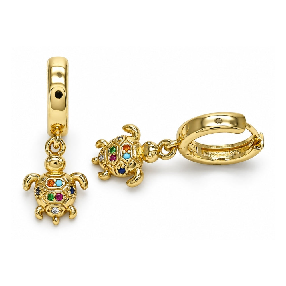 Oro Laminado Huggie Hoop, Gold Filled Style Turtle Design, with Multicolor Micro Pave, Polished, Golden Finish