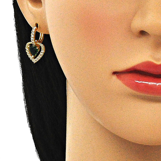 Oro Laminado Dangle Earring, Gold Filled Style Heart Design, with Green Cubic Zirconia and White Micro Pave, Polished, Golden Finish