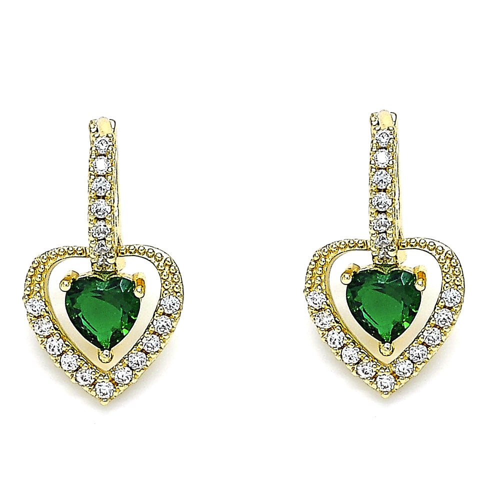 Oro Laminado Dangle Earring, Gold Filled Style Heart Design, with Green Cubic Zirconia and White Micro Pave, Polished, Golden Finish
