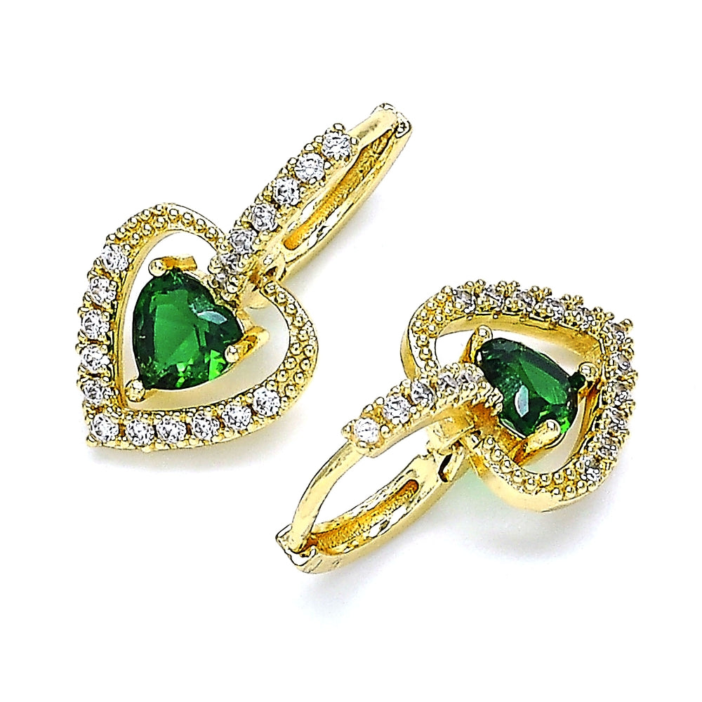 Oro Laminado Dangle Earring, Gold Filled Style Heart Design, with Green Cubic Zirconia and White Micro Pave, Polished, Golden Finish