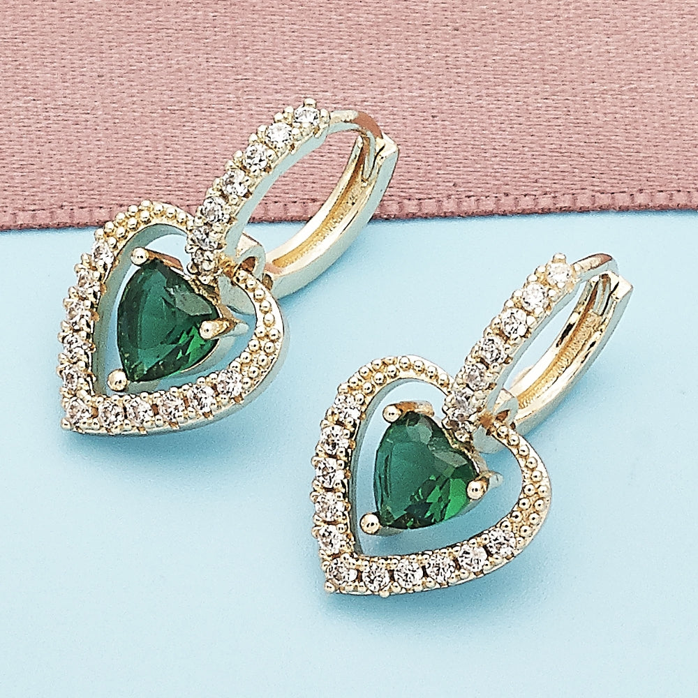Oro Laminado Dangle Earring, Gold Filled Style Heart Design, with Green Cubic Zirconia and White Micro Pave, Polished, Golden Finish