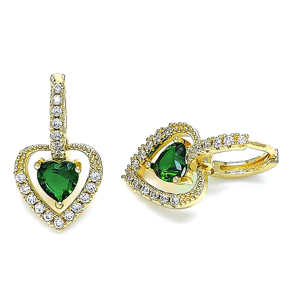 Oro Laminado Dangle Earring, Gold Filled Style Heart Design, with Green Cubic Zirconia and White Micro Pave, Polished, Golden Finish