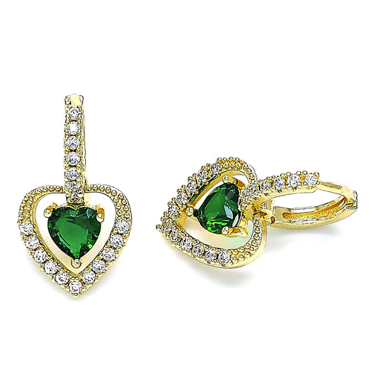 Oro Laminado Dangle Earring, Gold Filled Style Heart Design, with Green Cubic Zirconia and White Micro Pave, Polished, Golden Finish