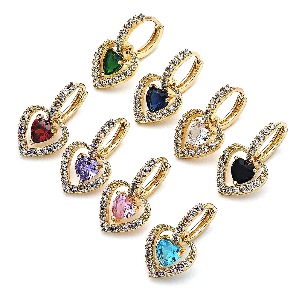 Oro Laminado Dangle Earring, Gold Filled Style Heart Design, with Green Cubic Zirconia and White Micro Pave, Polished, Golden Finish