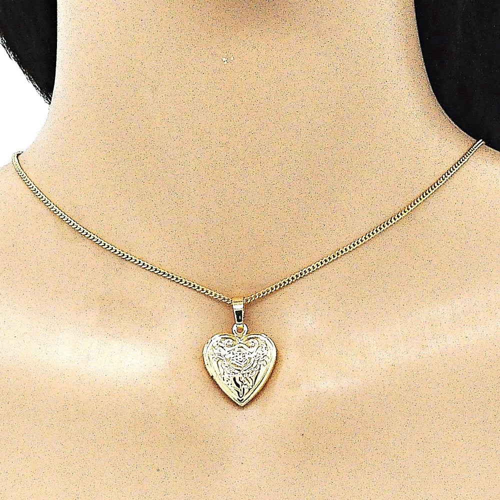 Oro Laminado Locket Pendant, Gold Filled Style Heart and Flower Design, Polished, Golden Finish