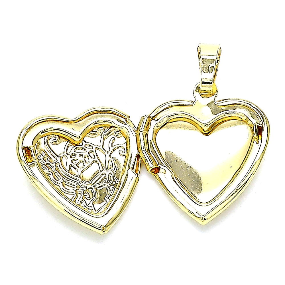 Oro Laminado Locket Pendant, Gold Filled Style Heart and Flower Design, Polished, Golden Finish