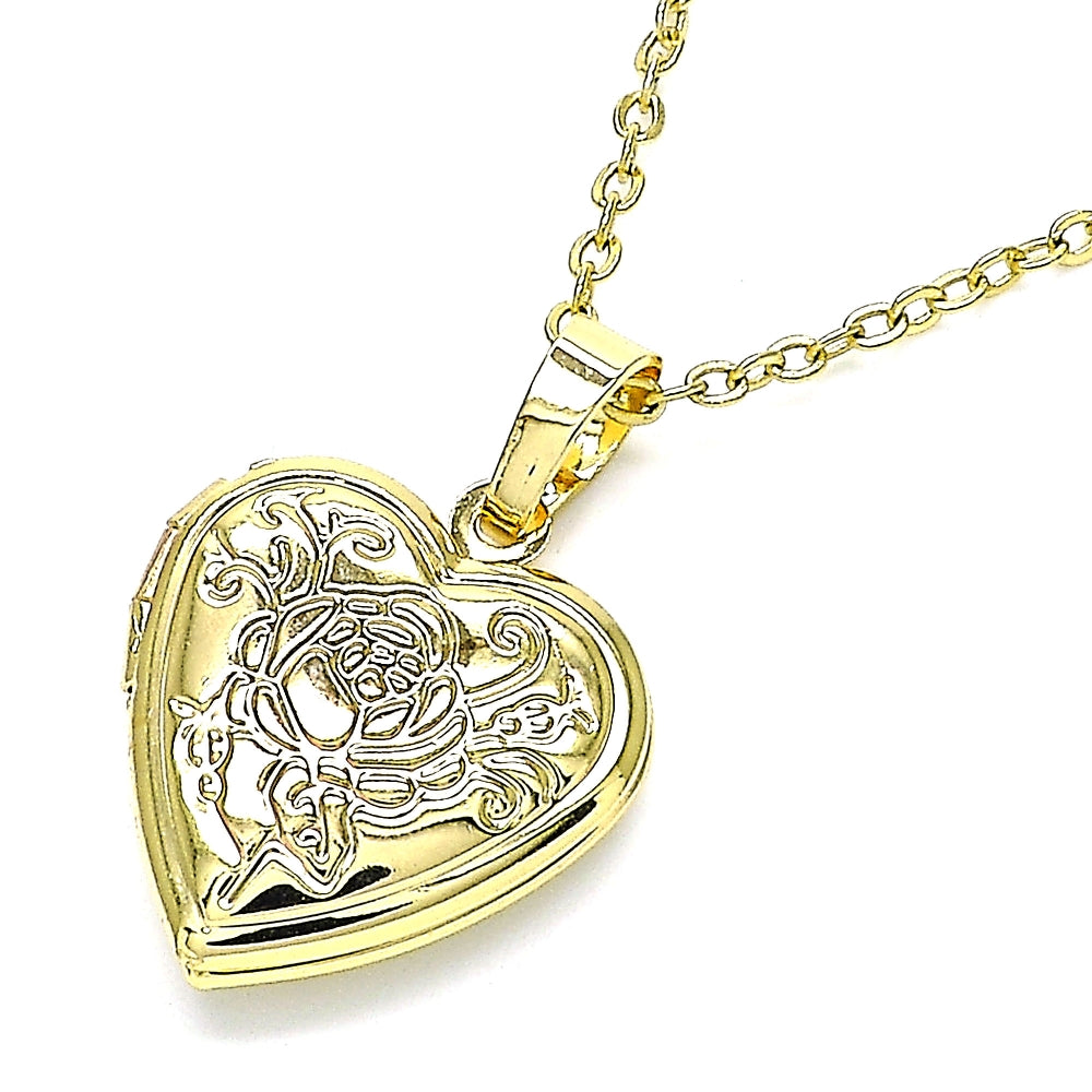 Oro Laminado Locket Pendant, Gold Filled Style Heart and Flower Design, Polished, Golden Finish