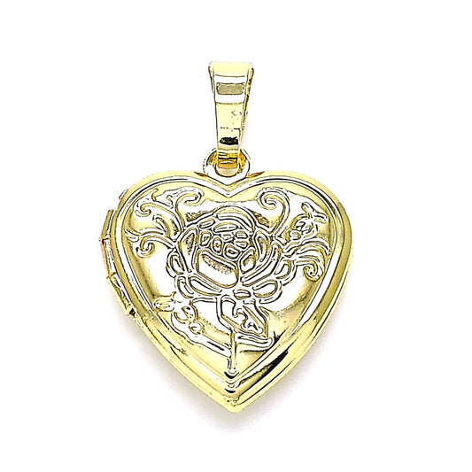 Oro Laminado Locket Pendant, Gold Filled Style Heart and Flower Design, Polished, Golden Finish