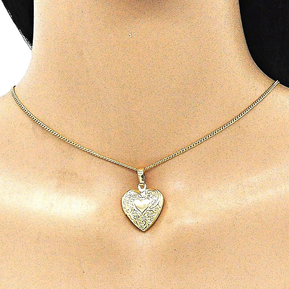 Oro Laminado Locket Pendant, Gold Filled Style Heart and Flower Design, Polished, Golden Finish