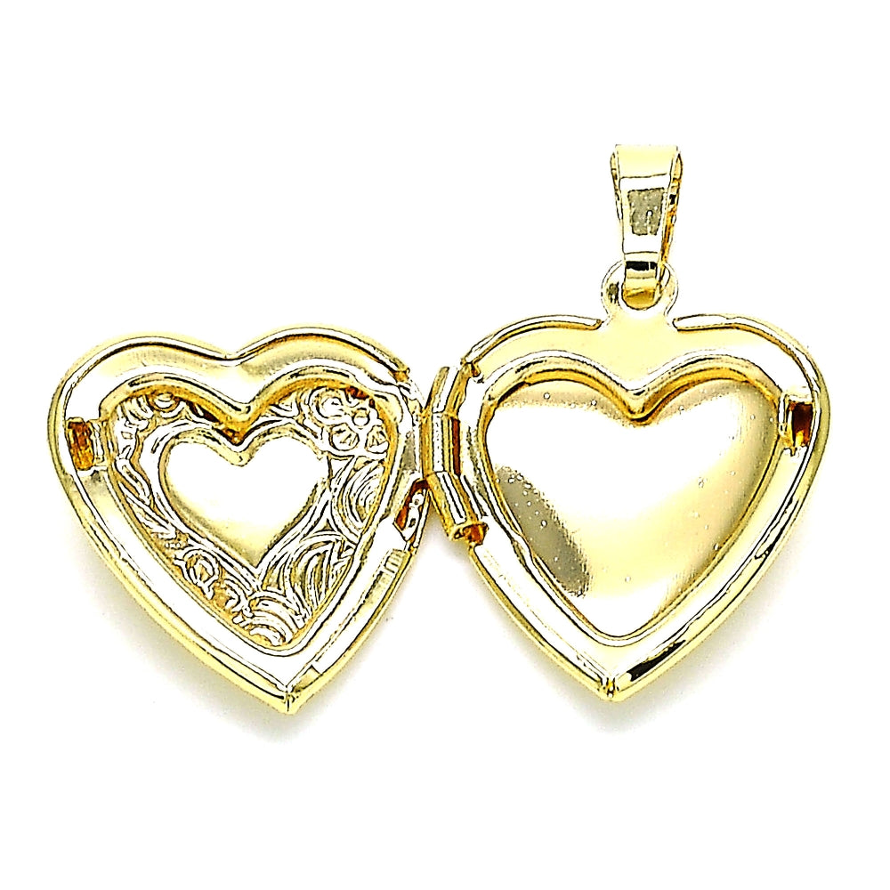 Oro Laminado Locket Pendant, Gold Filled Style Heart and Flower Design, Polished, Golden Finish