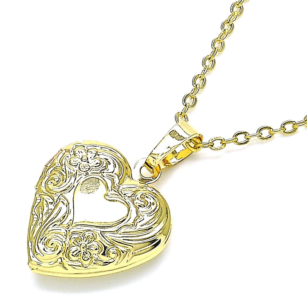 Oro Laminado Locket Pendant, Gold Filled Style Heart and Flower Design, Polished, Golden Finish