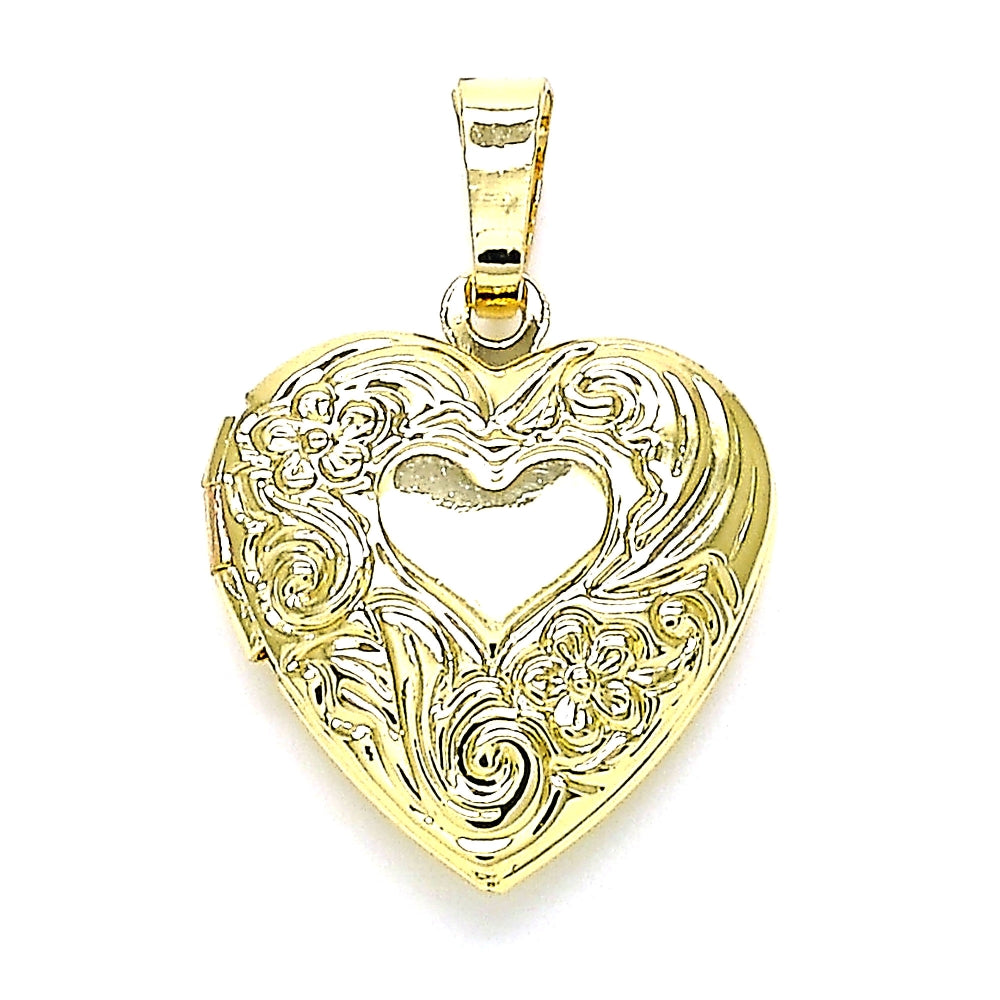 Oro Laminado Locket Pendant, Gold Filled Style Heart and Flower Design, Polished, Golden Finish