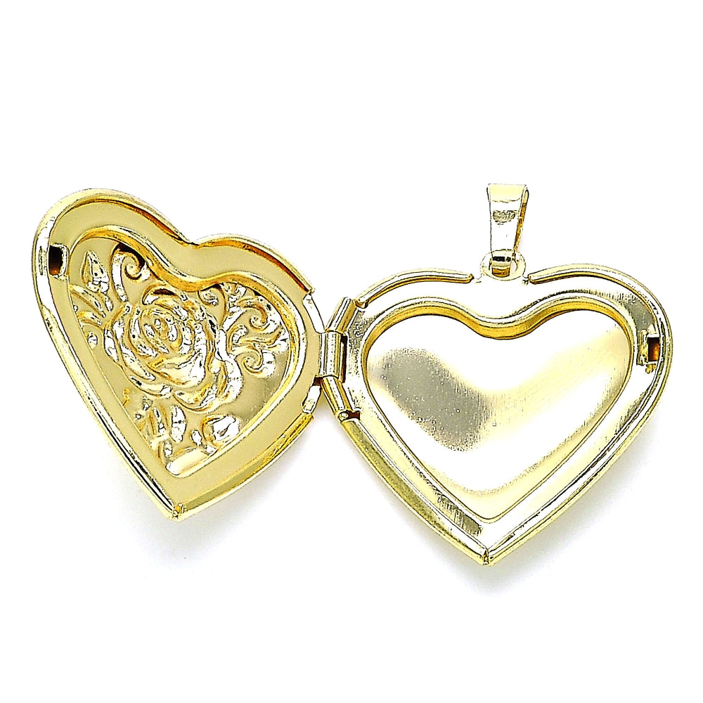 Oro Laminado Locket Pendant, Gold Filled Style Heart and Flower Design, Polished, Golden Finish