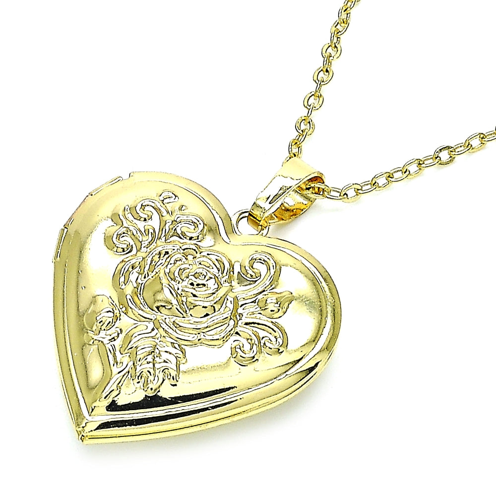 Oro Laminado Locket Pendant, Gold Filled Style Heart and Flower Design, Polished, Golden Finish
