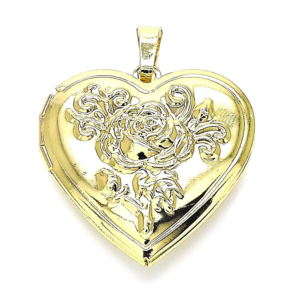 Oro Laminado Locket Pendant, Gold Filled Style Heart and Flower Design, Polished, Golden Finish