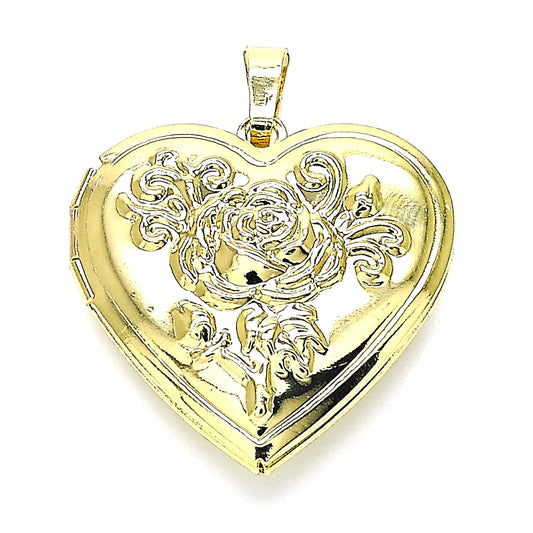 Oro Laminado Locket Pendant, Gold Filled Style Heart and Flower Design, Polished, Golden Finish