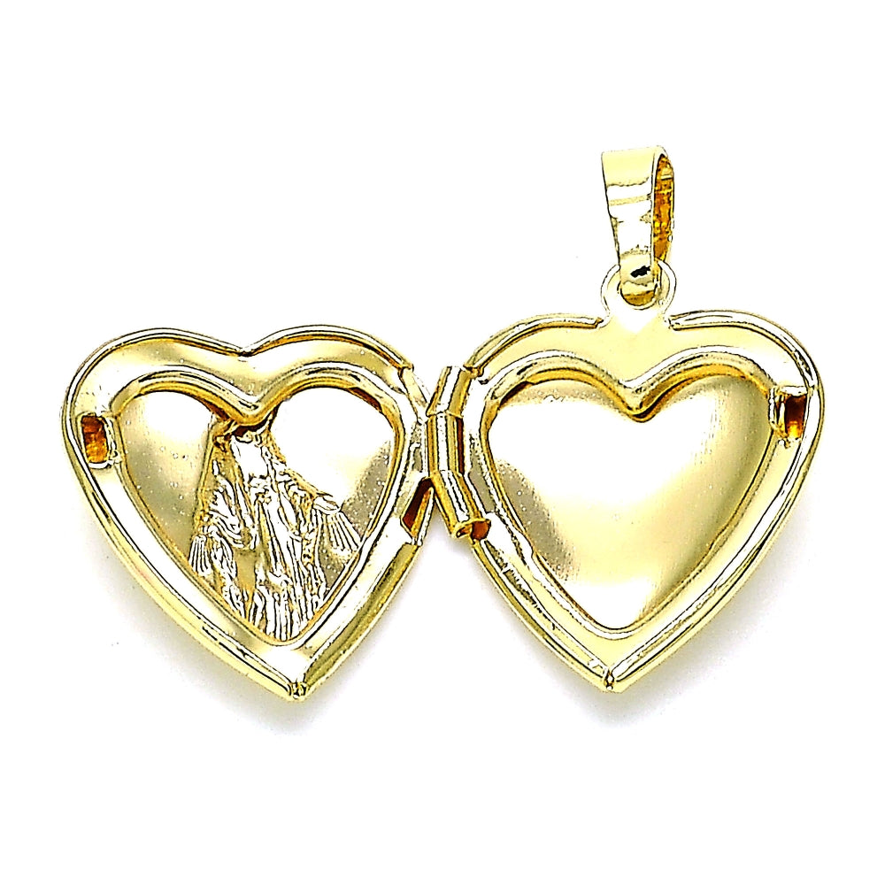 Oro Laminado Locket Pendant, Gold Filled Style Heart and Virgen Maria Design, Polished, Golden Finish
