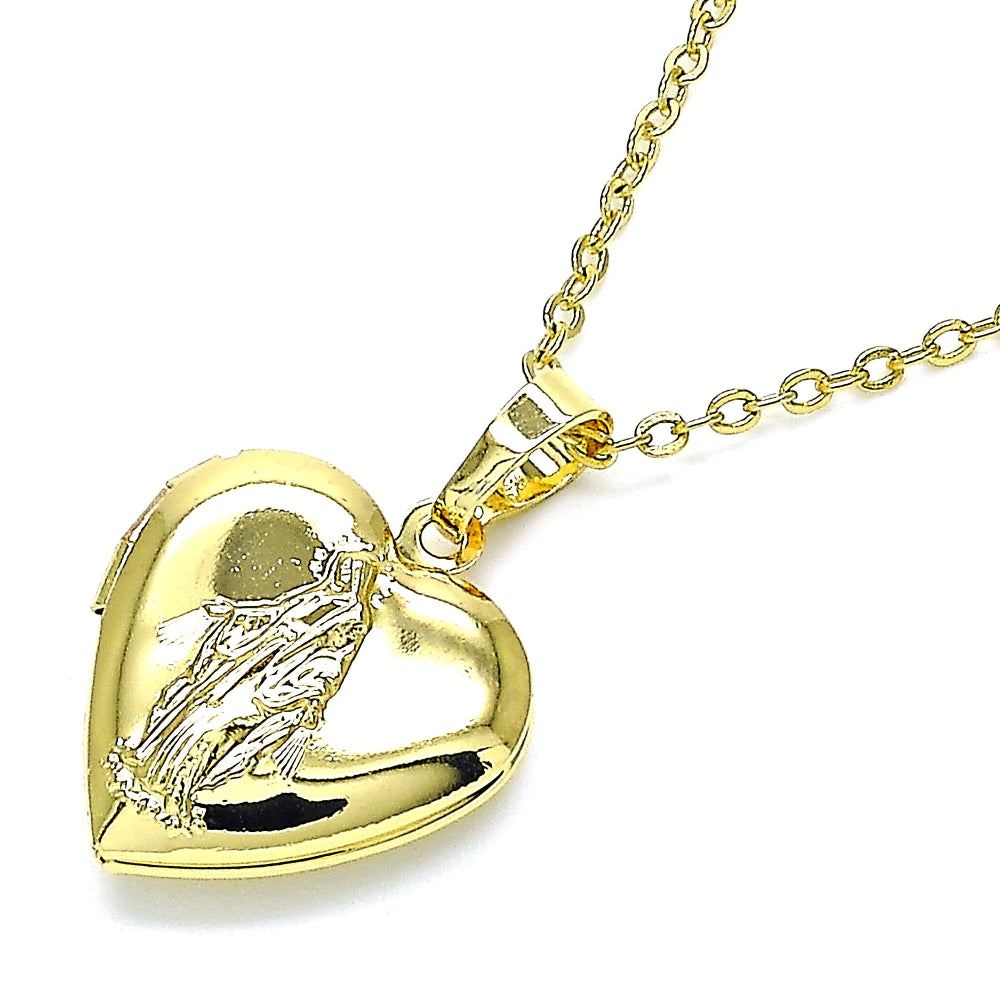 Oro Laminado Locket Pendant, Gold Filled Style Heart and Virgen Maria Design, Polished, Golden Finish