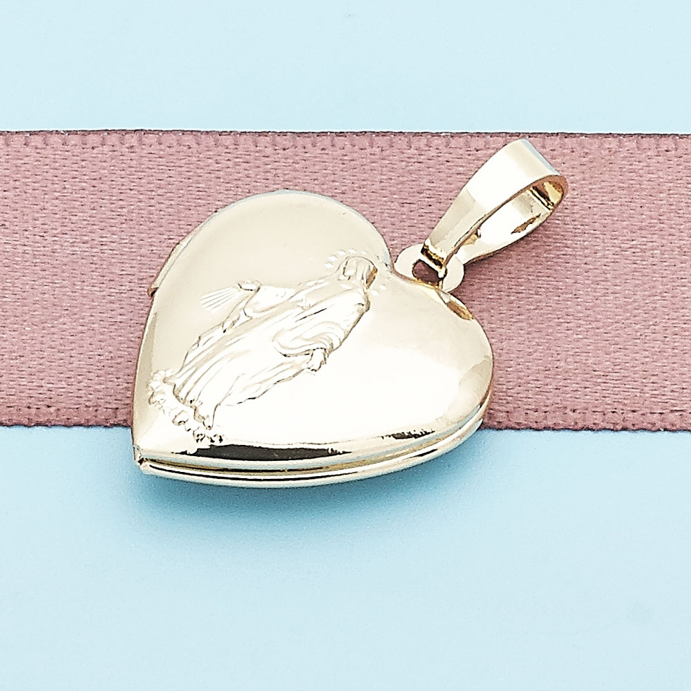 Oro Laminado Locket Pendant, Gold Filled Style Heart and Virgen Maria Design, Polished, Golden Finish