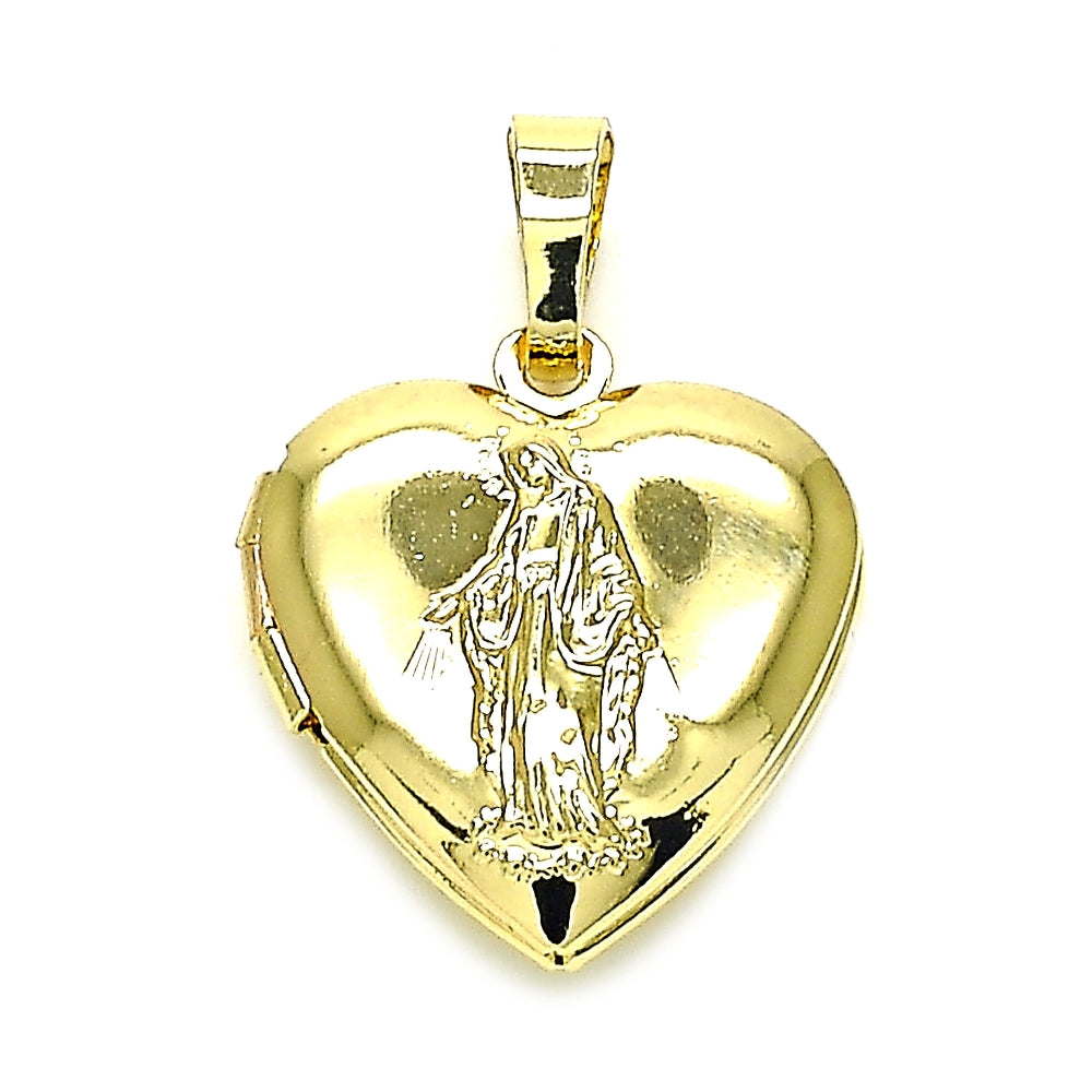 Oro Laminado Locket Pendant, Gold Filled Style Heart and Virgen Maria Design, Polished, Golden Finish