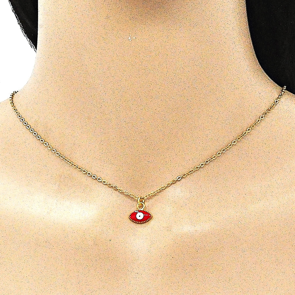 Oro Laminado Fancy Pendant, Gold Filled Style Evil Eye Design, Red Enamel Finish, Golden Finish