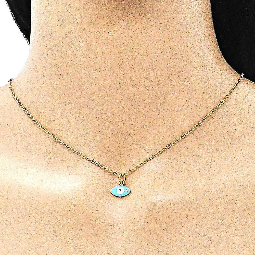 Oro Laminado Fancy Pendant, Gold Filled Style Evil Eye Design, Azul claro Enamel Finish, Golden Finish