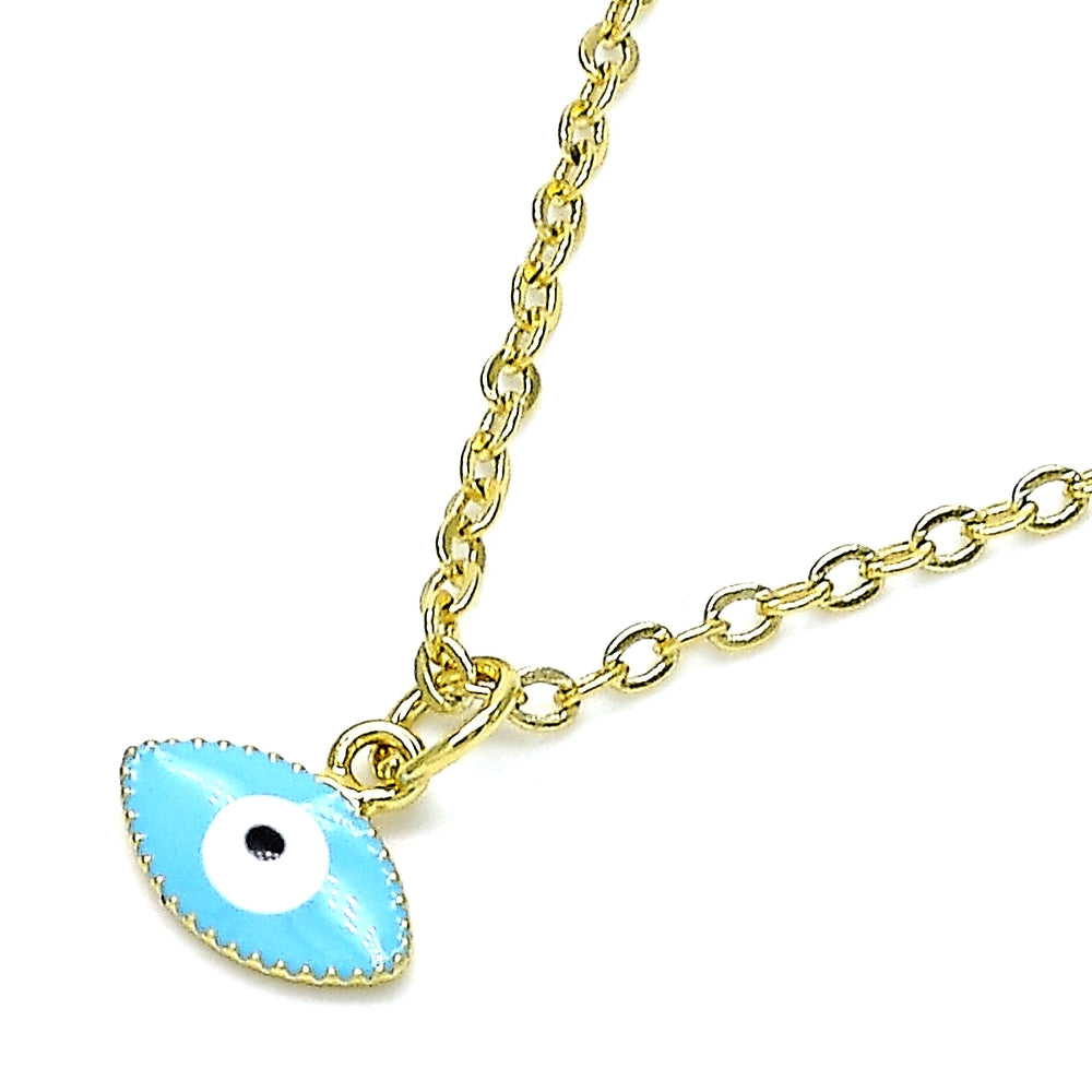 Oro Laminado Fancy Pendant, Gold Filled Style Evil Eye Design, Azul claro Enamel Finish, Golden Finish