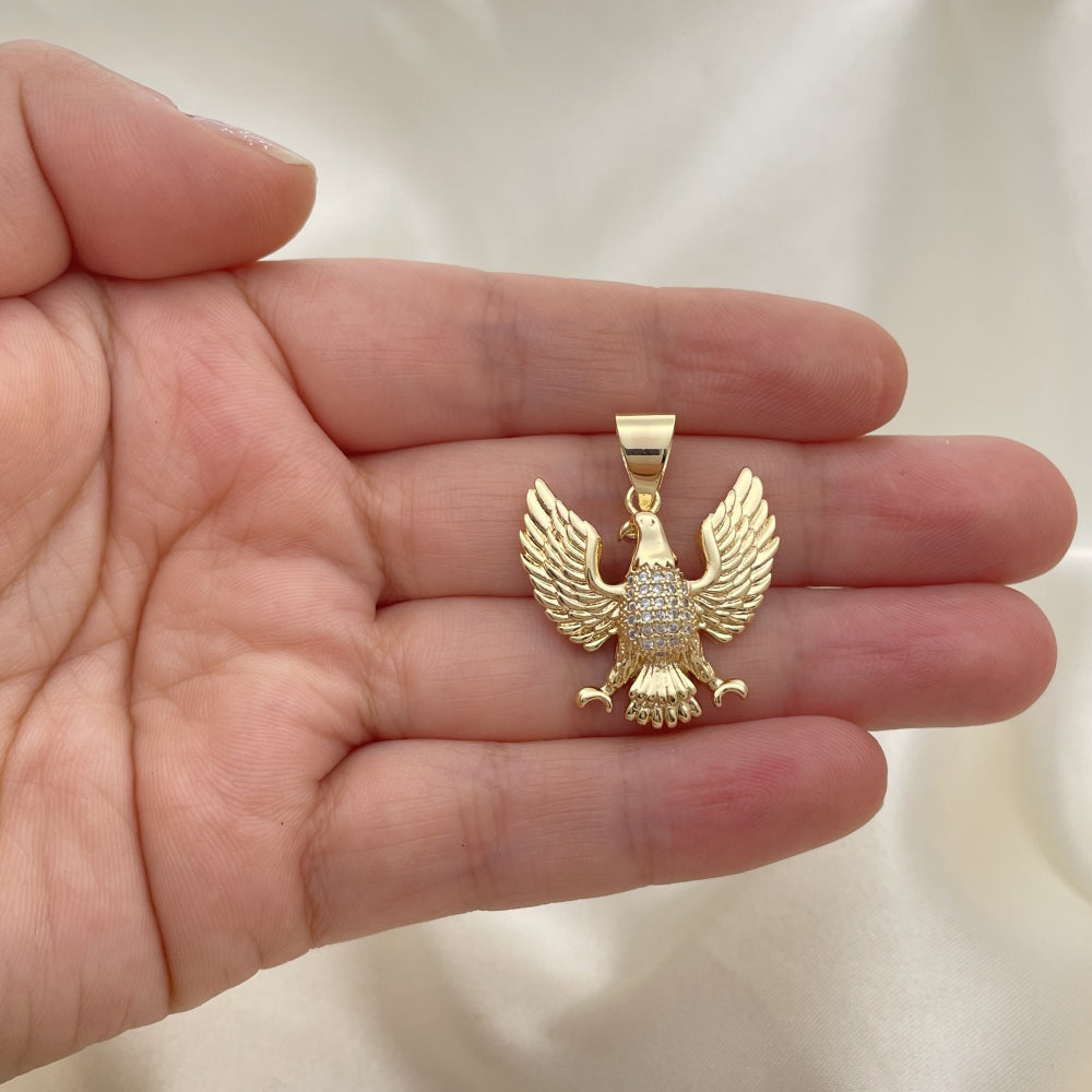 Oro Laminado Fancy Pendant, Gold Filled Style Eagle Design, with White Micro Pave, Polished, Golden Finish