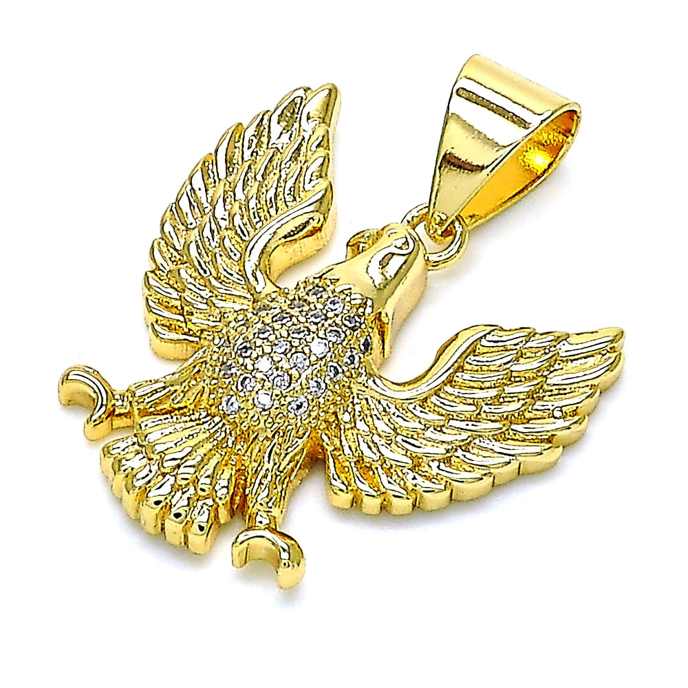 Oro Laminado Fancy Pendant, Gold Filled Style Eagle Design, with White Micro Pave, Polished, Golden Finish
