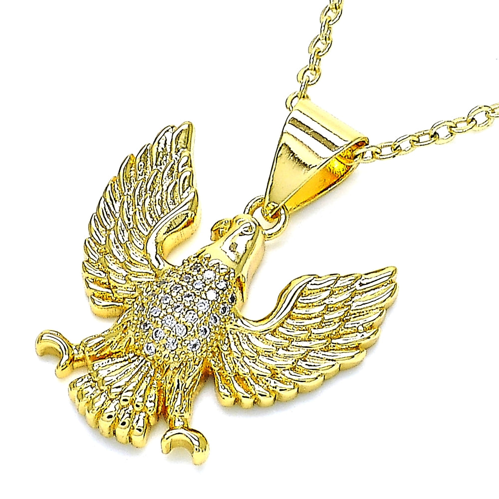 Oro Laminado Fancy Pendant, Gold Filled Style Eagle Design, with White Micro Pave, Polished, Golden Finish