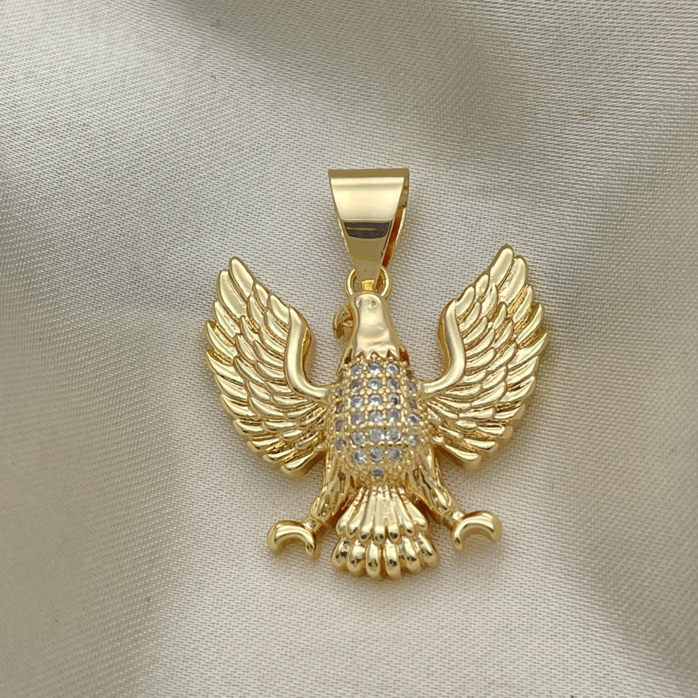 Oro Laminado Fancy Pendant, Gold Filled Style Eagle Design, with White Micro Pave, Polished, Golden Finish