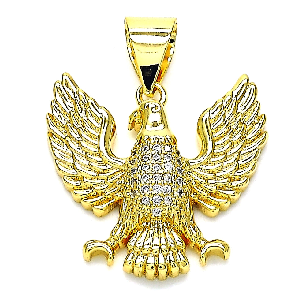 Oro Laminado Fancy Pendant, Gold Filled Style Eagle Design, with White Micro Pave, Polished, Golden Finish