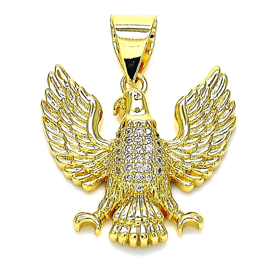 Oro Laminado Fancy Pendant, Gold Filled Style Eagle Design, with White Micro Pave, Polished, Golden Finish