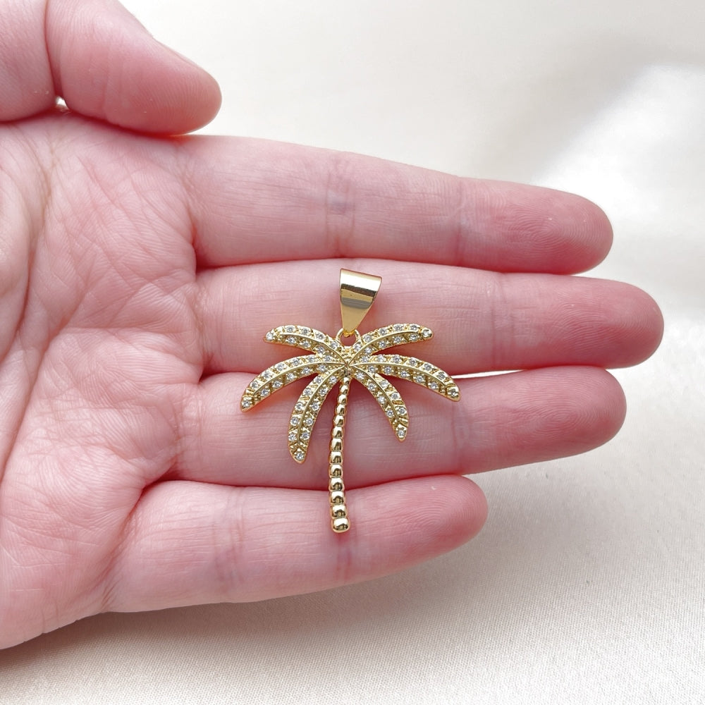 Oro Laminado Fancy Pendant, Gold Filled Style Palm Tree Design, with White Micro Pave, Polished, Golden Finish
