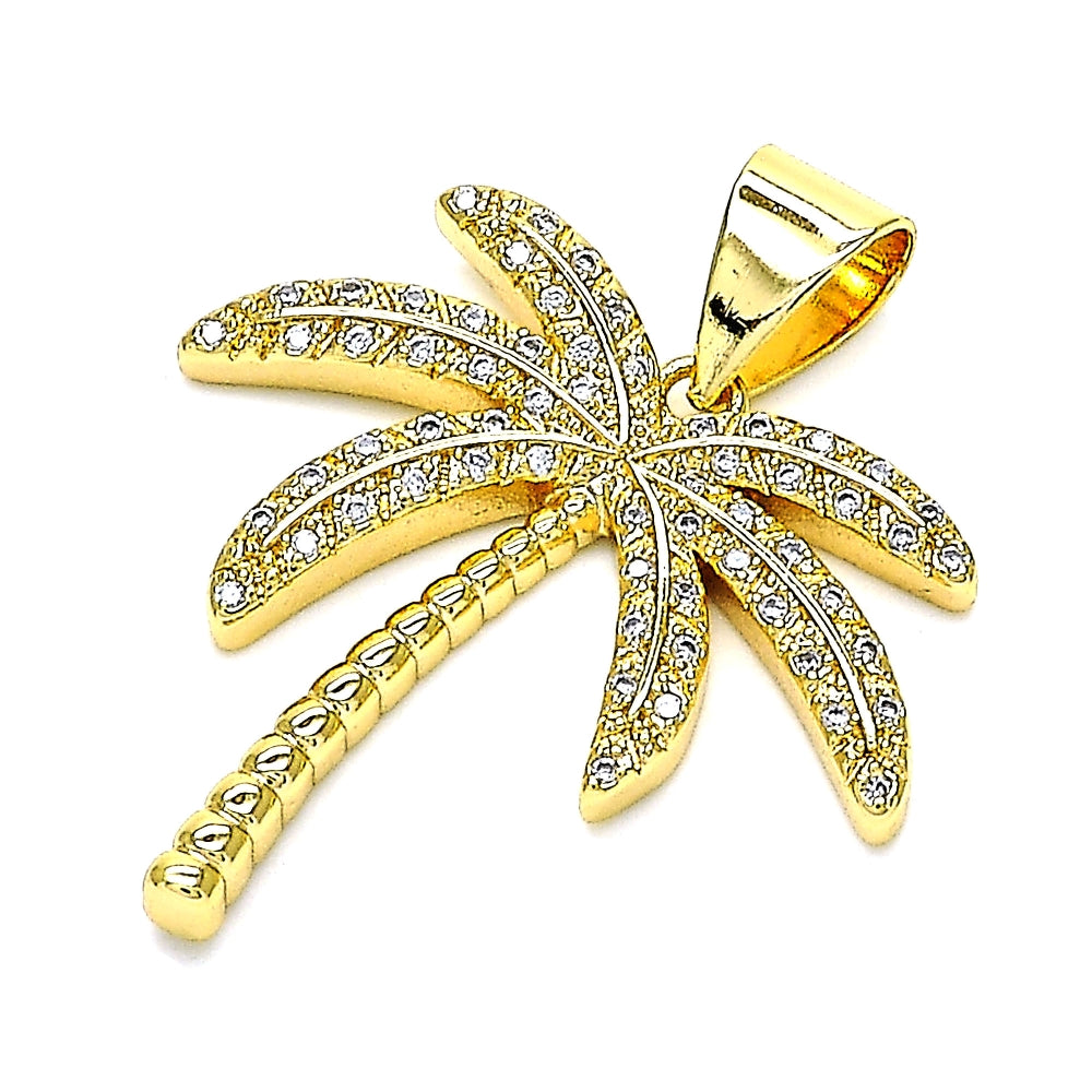 Oro Laminado Fancy Pendant, Gold Filled Style Palm Tree Design, with White Micro Pave, Polished, Golden Finish