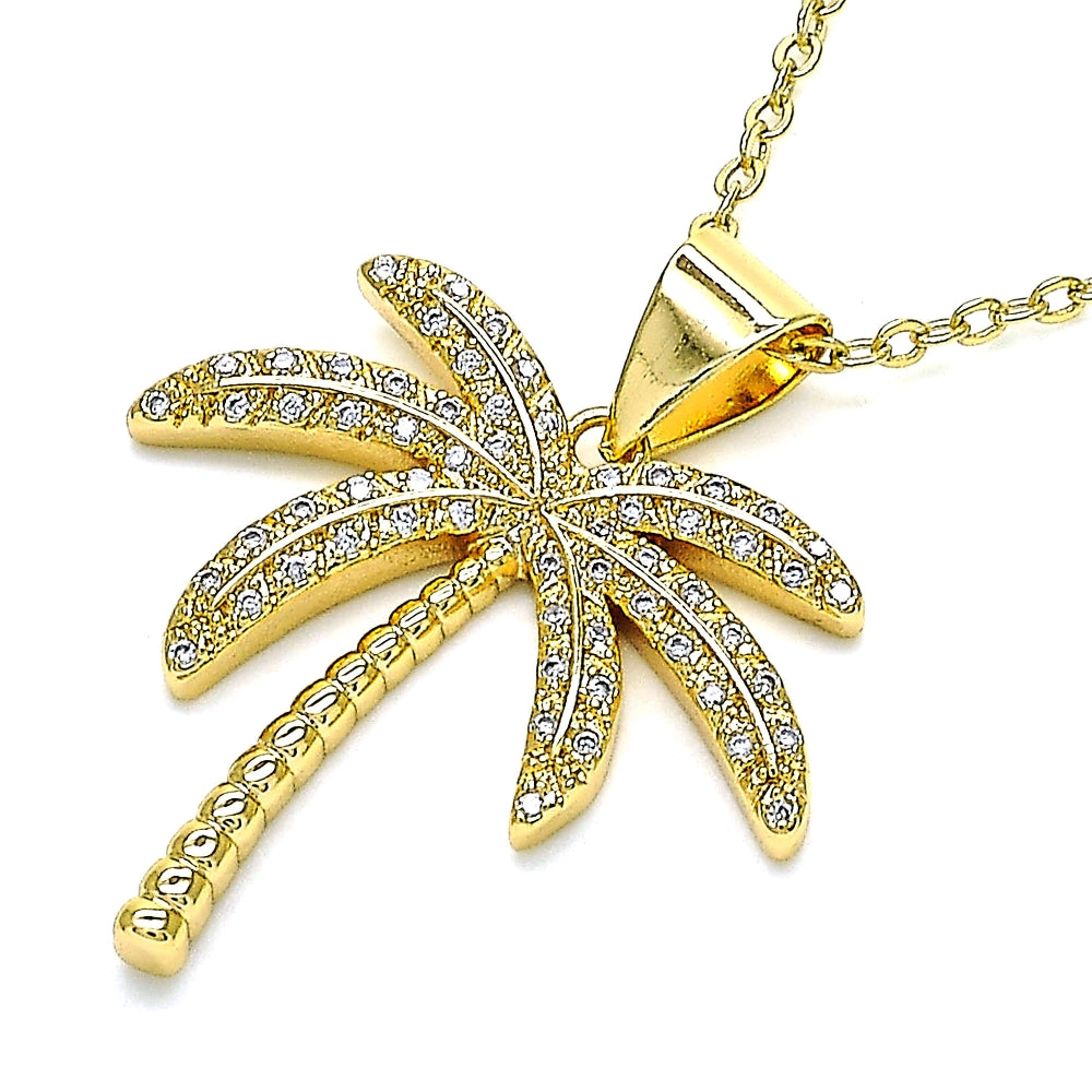 Oro Laminado Fancy Pendant, Gold Filled Style Palm Tree Design, with White Micro Pave, Polished, Golden Finish