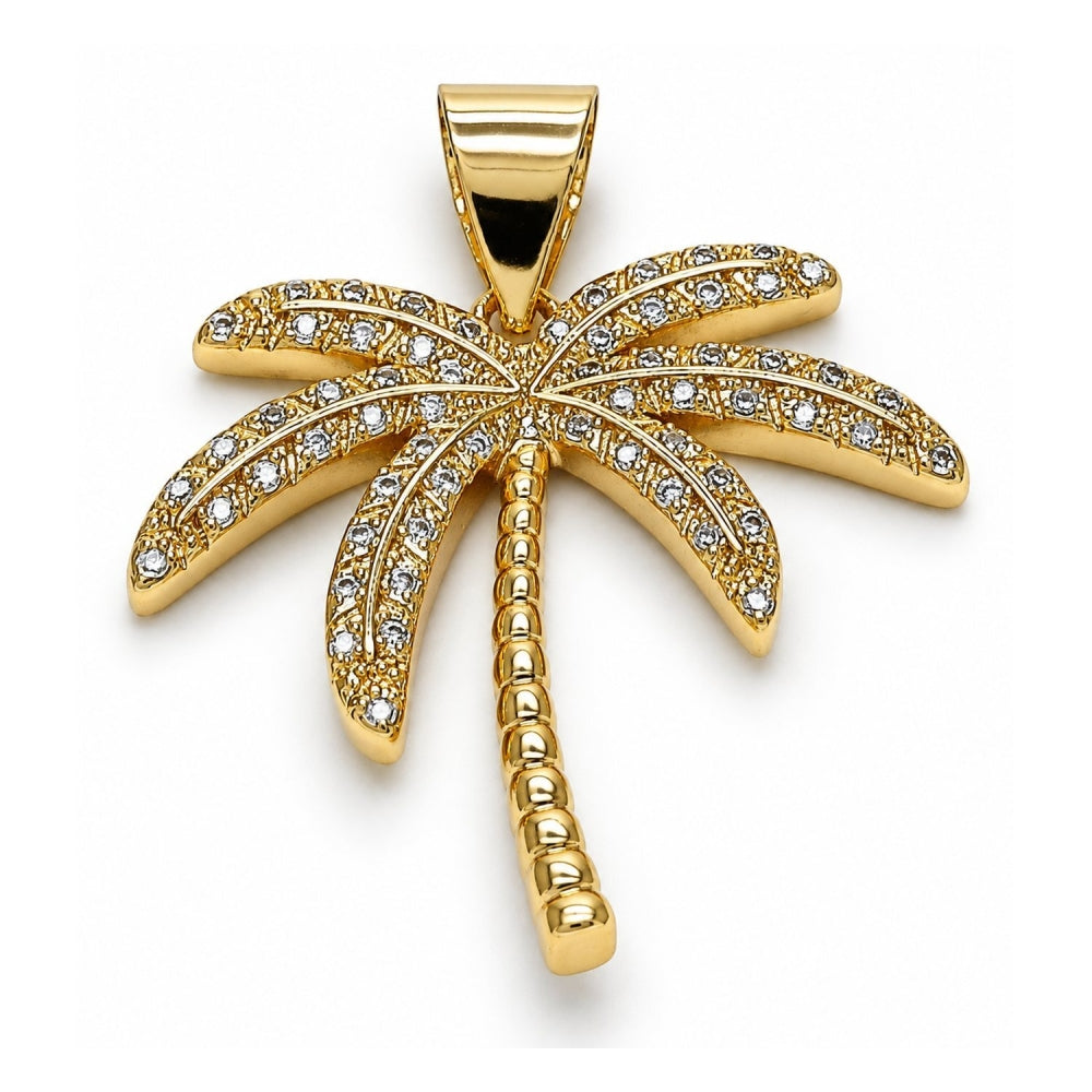 Oro Laminado Fancy Pendant, Gold Filled Style Palm Tree Design, with White Micro Pave, Polished, Golden Finish