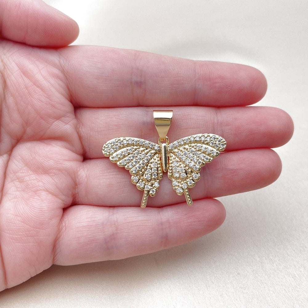 Oro Laminado Fancy Pendant, Gold Filled Style Butterfly Design, with White Micro Pave, Polished, Golden Finish